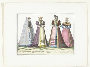 Vier vrouwen gekleed volgens de Duitse mode in Frankfurt, ca. 1580 door Anonymous