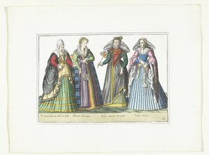 Vier vrouwen gekleed volgens de Italiaanse mode, ca. 1580 door Anonymous