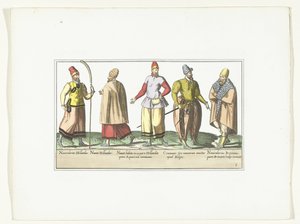 Vijf zeelieden gekleed volgens de mode in de Nederlanden en Bretagne, ca. 1580 door Anonymous