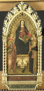 Maagd en kind op de troon met vier heiligen, Johannes de Doper, Antonius Abt, Elisabeth van Hongarije, een vrouwelijke heilige door Anonymous