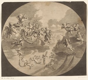 Vliegende putti met bloemenkransen door Anonymous