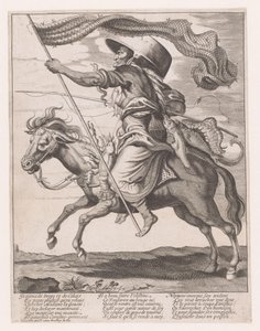 Vrouw op een paard, behangen met vissen en een visnet als vaandel met carnaval door Anonymous