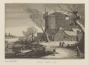 Wintergezicht op een bouwwerk aan een bevroren rivier