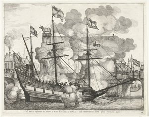 Zeilschip, naar rechts; intocht van Ferdinand te Gent in 1635 door Anonymous