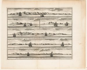 Zes aanzichten van eilanden Aldus vertoond de kust van Nova Guinea tuschen Cabo Santo Maria ende Anthony Caens Eylandt als gy daar langhs Zeylt / Aldus vertoond Anthony Caens Eylant als het Noorden van u is / Aldus vertoont Gerrit de Nys Eylandt als het No