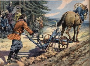 Een Russische boer ploegt het veld met behulp van een ploeg waarop een kaars ligt. Conte de Paasgravure uit de krant 