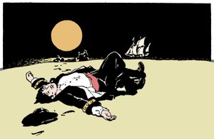 Een kapitein gedood door piraten wordt achtergelaten op een eiland, het piratenschip verdwijnt aan de horizon Illustratie uit 