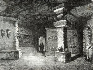 Een galerij van catacomben in Parijs in de 19e eeuw - Gravure - Privécollectie door Anonymous Anonymous
