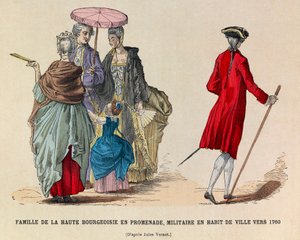 Een familie van de hoge bourgeoisie die wandelt en een soldaat in stadskledij in 1760 (regering van koning Lodewijk XV) - privécollectie door Anonymous Anonymous