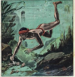 Een parelzoeker riskeert zijn leven in de tropische zeeën van Ceylon en Polynesië om elegante dames van kettingen en sieraden te voorzien. Illustratie uit 