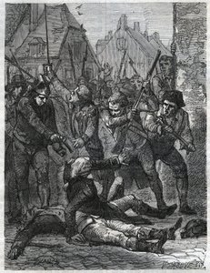 Een scène tijdens de Franse Revolutie: Theobald de Dillon (1745-1792) en een genieofficier genaamd Berthois, werden vermoord door de soldaten en het volk van Lille, die hen beschuldigden van verraad. Gravure uit 1866 in 