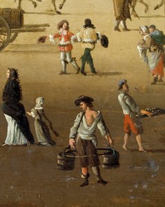 Een waterdrager tilt twee emmers op de Pont Neuf in Parijs in de 17e eeuw (detail)