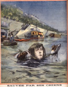 Een vrouw valt in de Seine en wordt gered door haar honden in Parijs. Gravure in "Le petit parisien" op 14/08/1910. Privécollectie. door Anonymous Anonymous