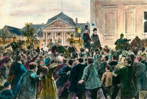 Acclamatie van de menigte bij het vertrek van Otto von Bismarck (1815-1898) die op 29 maart 1890 zijn ambt en Berlijn verlaat. Gravure eind 19e eeuw. Privécollectie door Anonymous Anonymous