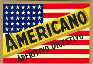 Advertentie voor Italiaanse short drink Americano, met Amerikaanse vlag