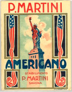 Advertentie voor Italiaanse short drink Americano, met Amerikaanse vlag en Vrijheidsbeeld
