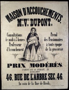 Reclame voor een kraamkliniek (materniteit) in Parijs in 1850. Madame Dupont, lage prijzen op 46 rue de l