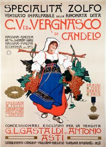 Reclameposter voor het fungicide gezeefd zwavel geproduceerd door het Italiaanse bedrijf Vergnasco Candelo