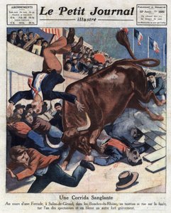 Een ongeluk tijdens een stierengevecht in Salins-de-Giraud (Bouches-du-Rhône), een stier stort zich in de menigte en verwondt een van de toeschouwers. Illustratie uit 