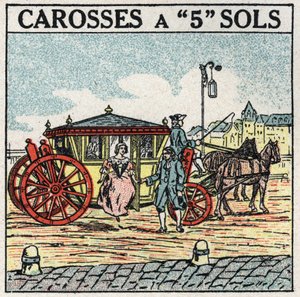 Dierlijke tractie: een koets met 5 verdiepingen, een vervoermiddel gereserveerd voor de bourgeoisie onder Lodewijk XIV in Frankrijk. Anonieme illustratie uit 1925. Privécollectie.