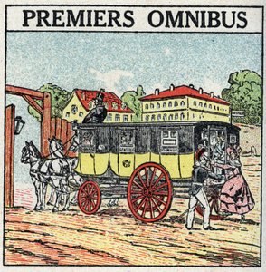Dierlijke tractie: eerste omnibus verscheen in Frankrijk onder Karel X (1824-1830). Anonieme illustratie uit 1925. Privécollectie.