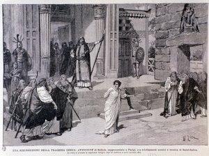 Antigone ter dood veroordeeld. Scène uit het toneelstuk Antigone, met muziek van Camille Saint-Saëns, uitgevoerd in Parijs