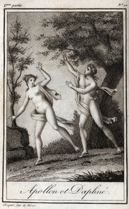 Apollo en Daphne. De nimf Daphne verandert in een laurier om aan Apollo te ontsnappen. Gravure uit 1819 in "Lettres à Emilie sur la mythologie" door Charles Albert Demoustier (1760-1801). Privécollectie.