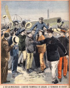 Triomfantelijke aankomst van Alfred LeBlanc (1869-1921), Franse piloot, winnaar van het luchtcircuit in Issy Les Moulineaux (Issy-Les-Moulineaux). Gravure in Le petit parisien op 14/08/1910 door Anonymous Anonymous