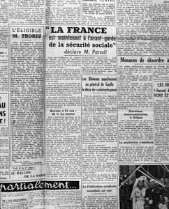 Artikel over sociale zekerheid: "Frankrijk loopt nu voorop in sociale zekerheid zegt meneer Parodi" 1945