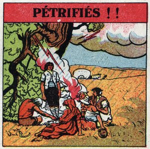 Atmosferische elektriciteit: mannen geëlektrocuteerd door bliksem blijven versteend. Anonieme illustratie uit 1925. Privécollectie. door Anonymous Anonymous