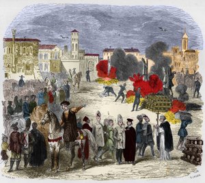 Autodafe in de 16e eeuw. Illustratie in "Mysteries van de Inquisitie en andere geheime genootschappen van Spanje" door Victor de Fereal, Suberwick, Manuel Galo de Cuendias. Uitgegeven door P. Boizard