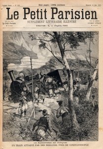 Banditisme in Turkije, een trein aangevallen door rovers nabij Constantinopel. Gravure in 