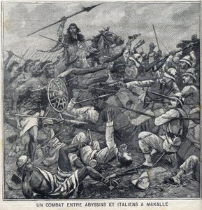 Slag tussen de Abessijnen van Menelik II en de Italianen in Makalle, Ethiopië. Gravure in 