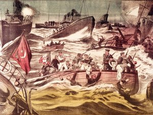 Slag bij Kunfuda: zeeslag gevochten op 7 en 8 januari 1912, tijdens de Italiaans-Turkse Oorlog (1911-1912), in de Rode Zee, voor de haven van Kunfuda, Saoedi-Arabië. door Anonymous Anonymous