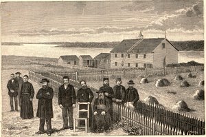 Bisschop Isidore Clut (1832-1903), R.P. Le Corre en andere leden van de Providence Mission in Athabaska Mackenzie in Canada aan het einde van de 19e eeuw. Gravure in 