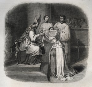 Zalige Maria van de Incarnatie (Jeanne Avrillot) (1566-1618) Franse mystica ontvangt de Carmelitensluier in 1614. Gravure uit 1846 in 