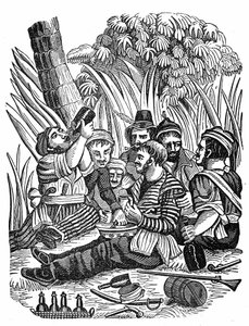 De bemanning van kapitein Bartholomew Roberts rust uit bij de rivier de Oude Calabar, eind 17e eeuw. Gravure uit “The pirate own book” 1837 door Anonymous Anonymous