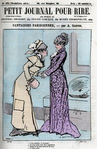 Cartoon over Parijse koppels. Twee vrouwen die over de autoriteit van hun echtgenoten praten: 
