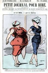 Cartoon over mensen op zee. Twee vrouwen, waarvan er één over mode spreekt: 
