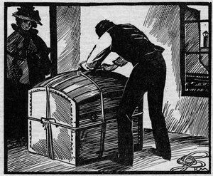Zaak Eyraud-Bompard of de zaak van de bloedige koffer: ontdekking van de koffer die werd gebruikt om het lijk van de deurwaarder Gouffe te verbergen, vermoord in 1888 in Parijs door het paar Michel Eyraud en Gabrielle Bompard. Illustratie uit 