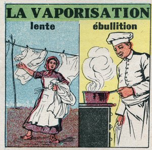 Veranderingen in toestanden: langzame verdamping (windwerking) of koken (hitte onder een pan). Anonieme illustratie uit 1925. Privécollectie. door Anonymous Anonymous