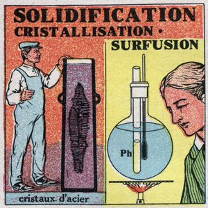 Veranderingen in toestanden: solidificatie en kristallisatie. Vorming van staal kristallen en superkoeling van fosfor. Anonieme illustratie uit 1925. Privécollectie.