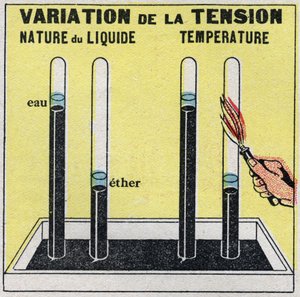Veranderingen in toestanden: dampen. Variatie van spanning afhankelijk van de aard van de vloeistof of temperatuur. Anonieme illustratie uit 1925. Privécollectie.