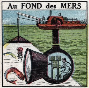 Cinematograaf: een film opnemen op de bodem van de zee. Anonieme illustratie uit 1925. Privécollectie.