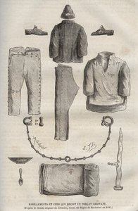 Kleding en kettingen ontvangen door een forcat bij aankomst in de Rochefort bagne in de 19e eeuw (naar de originele tekening van Clemans, forcat du bagne in 1840). Gravure in 