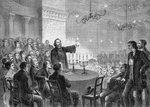 Conferentie van hervormer Johannes (Jean) Ronge (1813-1887) in Wenen in 1868. Hij stichtte de Universele Christelijke Kerk. Gravure uit 1868. Privécollectie. door Anonymous Anonymous