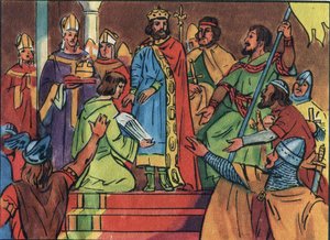 Kroning van Hugues Capet (941-996) in Noyon in 987, door Adalberon (ca. 925-990), aartsbisschop van Reims. Deze kroning markeerde het begin van de Capetiaanse dynastie, koningen van Frankrijk die direct of indirect 8 jaar regeerden. Anonieme illustratie door Anonymous Anonymous