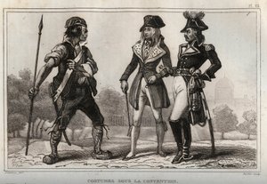 Kostuums onder de Conventie. Gravure uit 1859 in Le Monde. Geschiedenis van alle volkeren vanaf de vroegste tijden tot heden. door M. E. de Lostalot-Bachoue. Privécollectie.