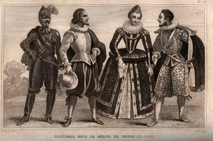 Kostuums onder het bewind van Hendrik IV (1590). Gravure uit 1859 in Le Monde. Geschiedenis van alle volkeren vanaf de vroegste tijden tot heden. door M. E. de Lostalot-Bachoue. Privécollectie.