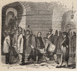 Koppeling in de Rochefort Bagne in de 19e eeuw. Gravure in Histoire des bagnes depuis leur création à nos jours (1877) door Pierre Zaccone. Privécollectie.